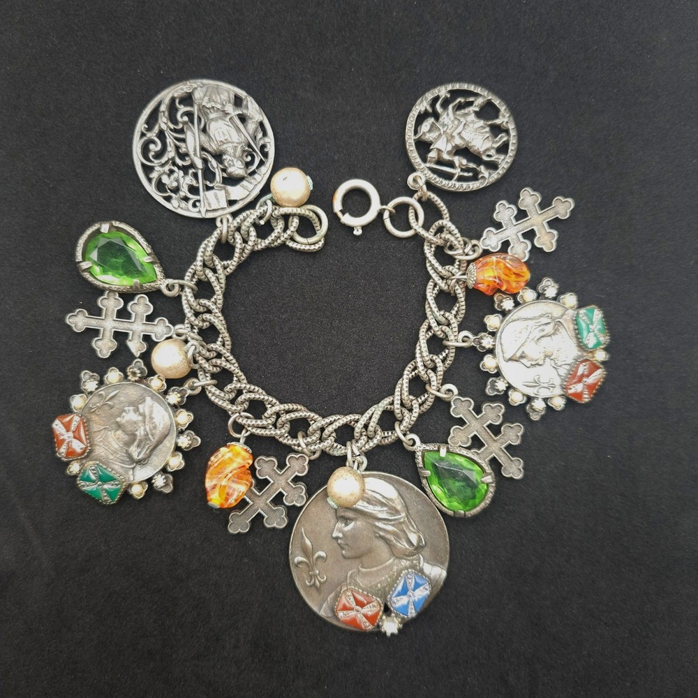 ART Vtg Coin Charm Bracelet Cross Medallion Heraldic Medieval Revival Statement